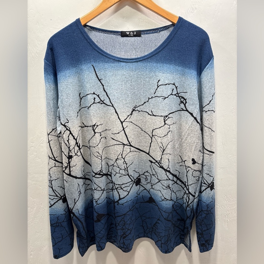 W&J Relaxed Fit Cozy Soft Ombre Blue & White Tree Branch Sweater Size XL